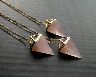 Rose Quartz Necklace Triangle Necklace Rose Quartz Pendant Geometric Pendulum Necklace Pink Stone Necklace Rose Quartz Jewelry Pyramid