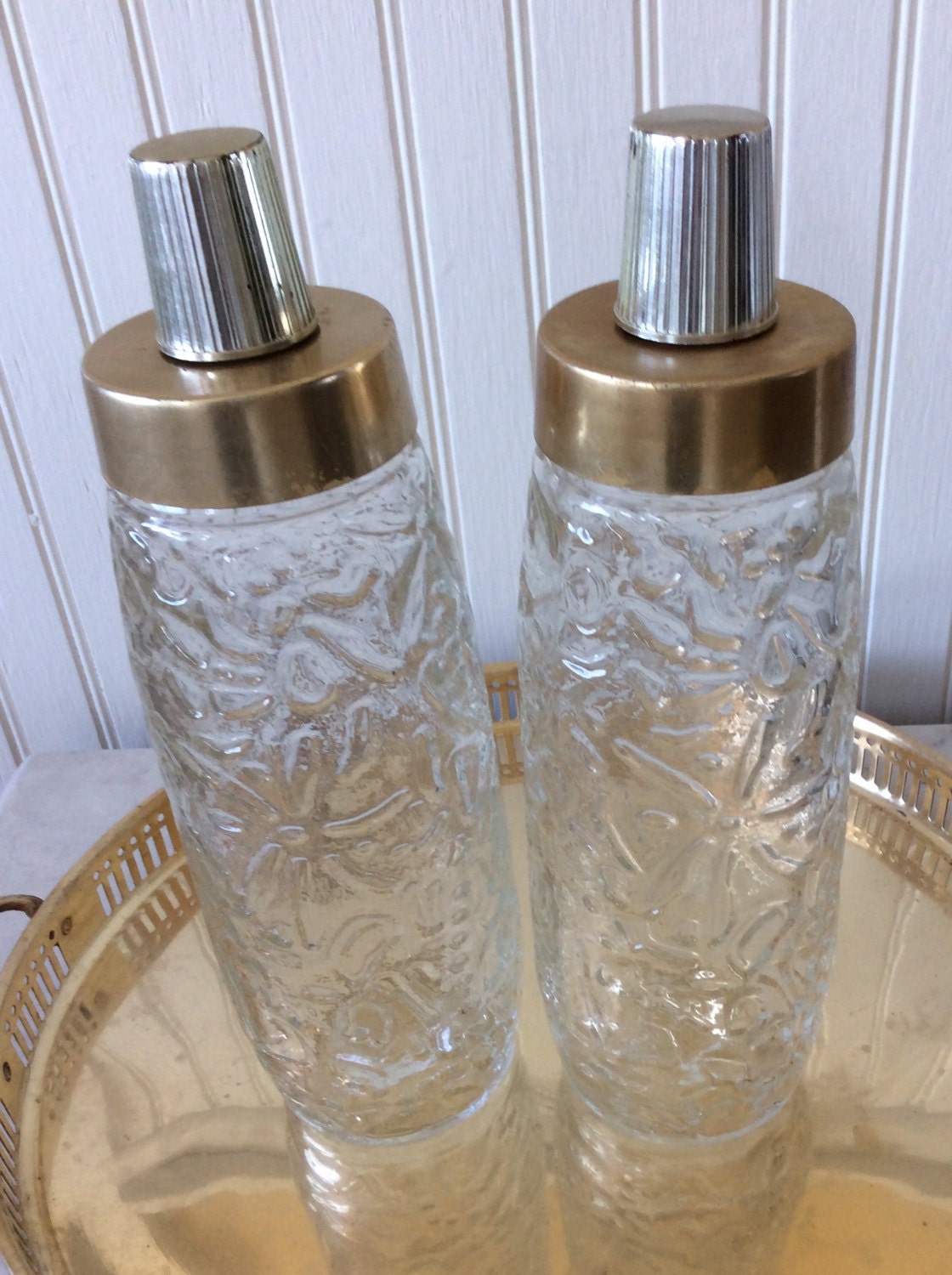 SALE..Vintage Glass & Gold Lid Cocktail Shaker by YellowHouseDecor