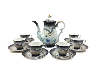 Vintage 13pc Black Dragonware Tea Set with Moriage Accents, Asian Teapot and Tea Cup Set SMPOST