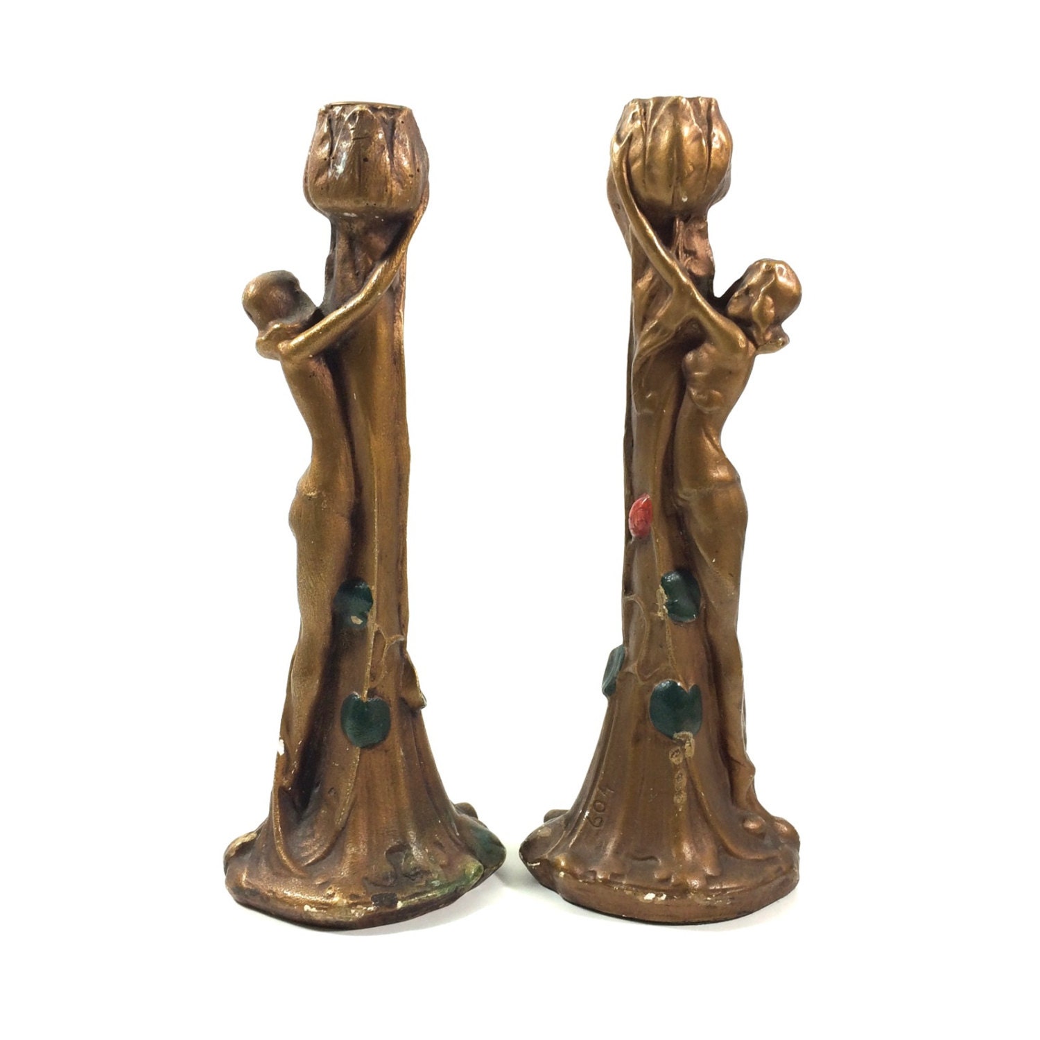 Pair of Vintage Art Nouveau Figural Candle Holders with Woman