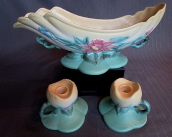 Vintage Hull Art Pottery Woodland Console Bowl Set Handled Bowl W29 Candlestick Holders Pair W30 Signed 1940s Matte finish Yellow/Green/Rose
