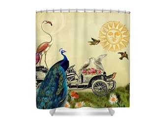 Bird Shower Curtain, Peacock, Bohemian Bathroom, Bathroom Decor, Whimsical Decor, Flamingo Bath Decor, Paris Decor, Paris Bathroom, Whimsy