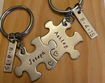 Hand Stamped Personalized Couples Puzzle Piece Keychains - Anniversary Keychains - Wedding Gift - Couples Keychain -