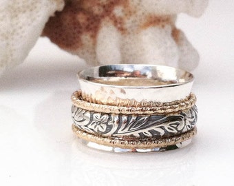 Thumb Ring, Spinner Ring, Silver and Gold Ring, Therapy Ring, Meditation Ring, Mixed Metal Ring, Wide Band,