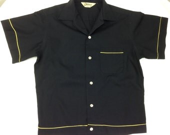 1950's WOMENS Bowling Shirt in Cottonw/ with Yellow Piping Details / Size MEDIUM / Dead Stock