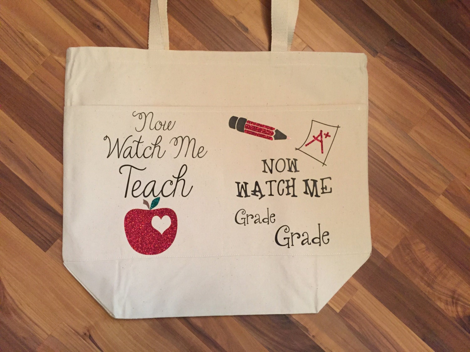 Large Teacher Tote Bag with pockets in with Vinyl Teacher Gift