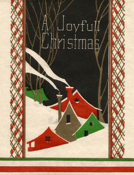 Vintage Art Deco joyful Christmas card red green gold cottage