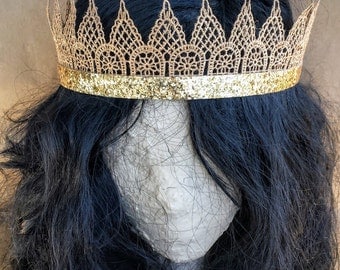 Gold Glitter Lace Crown for Adults; Festival Crown; Venice Lace Bridesmaid Crown; Gold Bachelorette Crown; Graduation Crown; Adult Crown