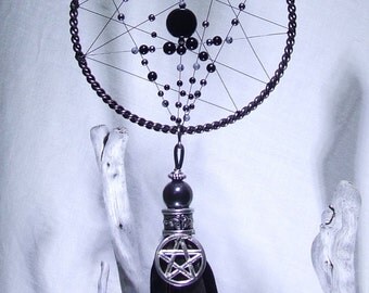 Goth Wicca Dreamcatcher Celtic Dragon Pentagram Black Onyx Snowflake Obsidian Hematite Crow Feathers Goth Bedroom Magic Ornament Witchcraft