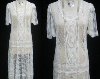 Vintage 80s Sheer LACE DRESS 20s Flapper Style GATSBY Look Wedding Bohemian Festival Hippie Bust 40"