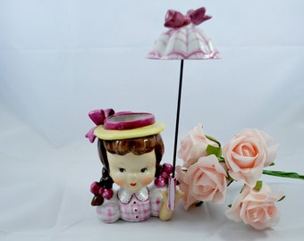 Head Vase Napco Little Girl with Umbrella Purple and Pink , Collectible Planter