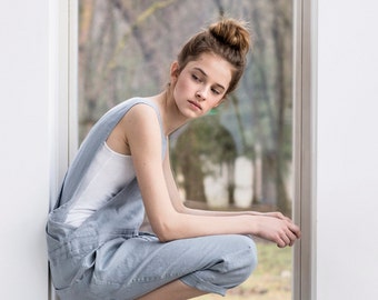 Loose Linen jumpsuit / Light elephant grey washed linen jumpsuit/ Washed linen overall