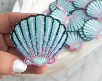 Seashell Patch - Iron On, Embroidered Applique – Mermaid Shell - Aqua Blue & Pastel