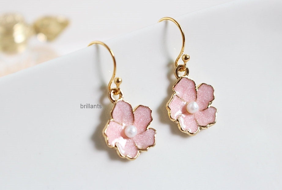 Cherry blossoms earrings in gold Pink flower earrings