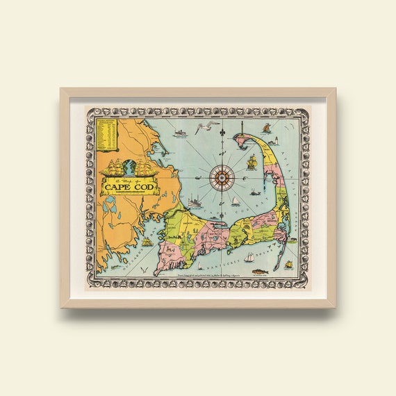 Vintage Cape Cod Map Print Antique 1932 Pictorial Map of Cape
