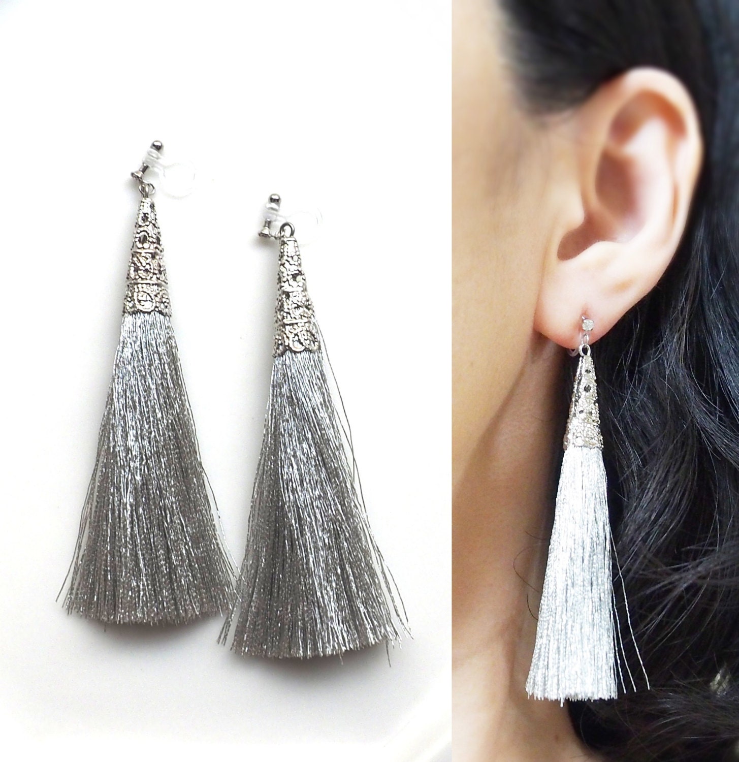 Silver Tassel Clip On Earrings Long Tassel Invisible Clip On