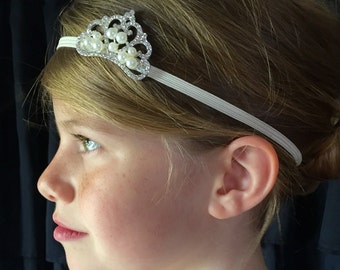 Ivory tiara with pearls headband, flower girl pearls headband, headband tiara, ivory headband, wedding headband, fancy ivory headband