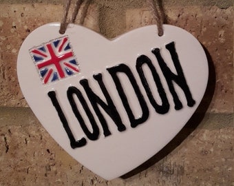 LONDON HEART-Union Jack-Ceramic Heart-Wall Decor-London memorabilia-Hanging Heart-British