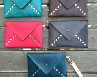 PINK Leather Wristlet - Envelope Pouch - Ready to Ship