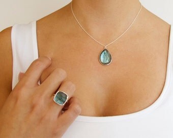 Silver Labradorite Pendant Necklace - Gemstone Necklace -Drop Necklace - Silver Necklace