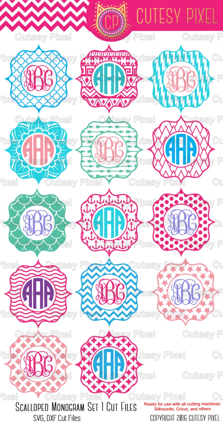 Download 14 Scalloped Designs Monogram Frames Svg cutting file SVG