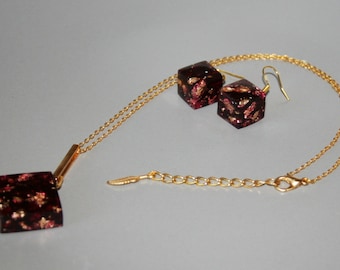 Jewelry - Set square Earrings + Necklace diamond resin Burgundy + insert with gold leaf / / gift woman, Christmas, party
