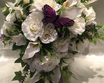 Wedding Flowers Calla Lily Teardrop Bouquet, Purple Butterfly