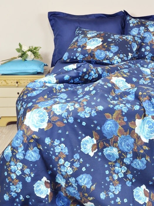 Navy Blue Floral Duvet Cover Set in Full Queen by RoseHomeDecor