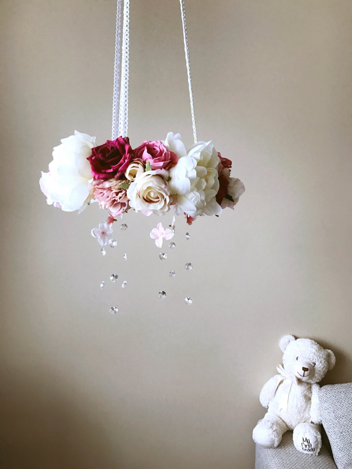 Baby mobile 14.5", Flower mobile, Genuine Swarovski crystals / Crib mobile, Vintage inspired, Wedding chandelier, vintage rose, Baby mobile