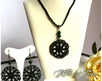 Crochet crochet necklace/necklace/Mandala/Choker/bronze/Handmade/Crochet mandala/jade/green/Sarabanda/Vintage/Gift for her/Spring