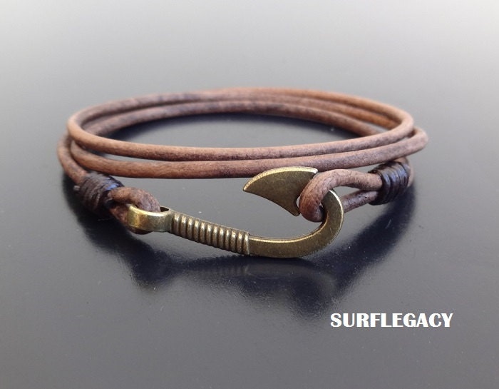 Fish Hook bracelet Fish Hook Leather Bracelet Mens by Surflegacy
