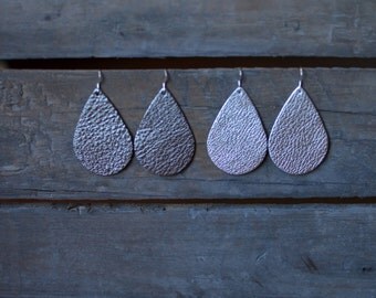 Metallic teardrop earrings, Gun metal gray leather earrings, silver leather earrings, statement earrings, drop earrings