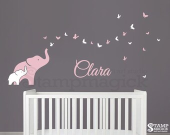 Elephant & Butterflies Nursery Name Wall Decal for Baby Girl or Children's Room Vinyl Wall Decor Art Kids Home - K400