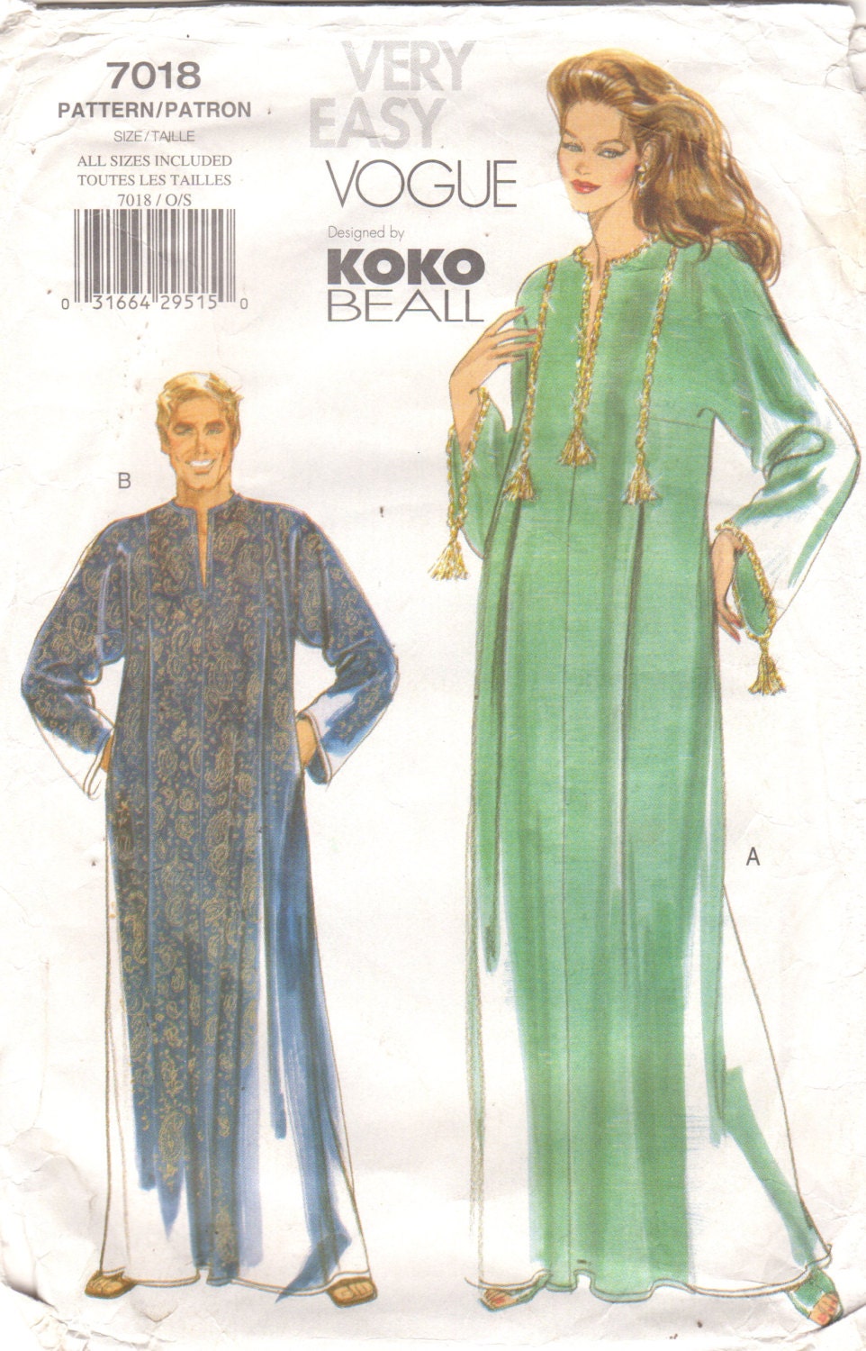 Vogue 7018 1990s Very Easy Unisex Caftan Pattern Designer Koko