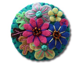FB094 - Japanese Art Inspired Handmade Mini Felt Brooch - Petrol Blue - Made to order