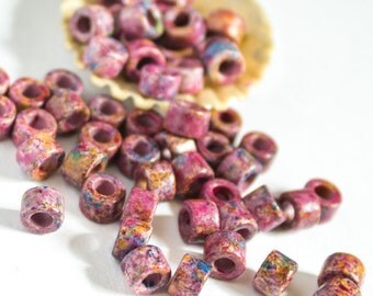 Mykonos Greek Ceramic bead Mini Tube 6X4mm Speckled Melitzania Puprle -- 30 Beads Autumn colors craft jewelry supplies DIY