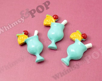 4 - Blue Kawaii Tropical Drink Mai Tai Cabochons, Foodie Drink Cabochons, 15mm x 25mm (R6-089)