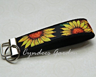 Sunflower Wristlet Key Chain Key Fob Key Holder Key Strap Key Ring - READY TO SHIP - Sunflowers - Black - Orange - Flowered - Pretty -Cyndee