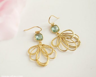 Aqua blue gold feather earrings modern Aqua blue gold earrings dangle Ribbon filigree floral earring Aquamarine Blue Earrings Aqua wedding
