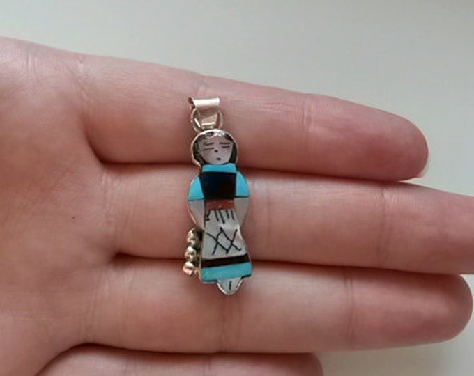 Tribal Girl Pendant Sterling Silver Necklace Blue Turquoise Inlay Jewelry Maiden Silver Pendant Vintage Navajo Native America Coral Onyx MOP