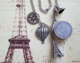 Paris on My Mind Necklace: Top Hat, Crown Tin, Eiffel Tower, Hot Air Balloon and Filigreed Flower, Pewter & Silver Metal Charms on 22" Chain