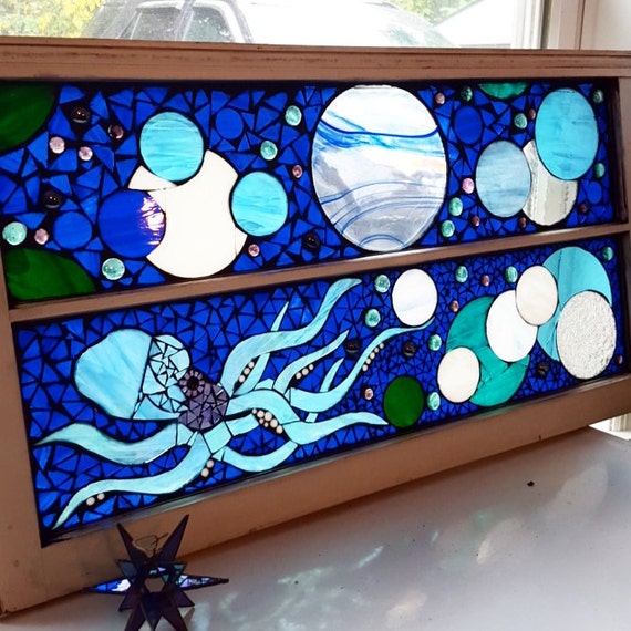 Octopus Stained Glass On Glass Mosaic Vintage By