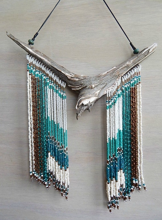 beaded driftwood wall hanging mixed media wall by prayerfeather