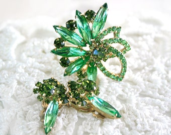 Juliana Green Rhinestone Brooch, Rhinestone Earrings, Vintage Jewelry Set