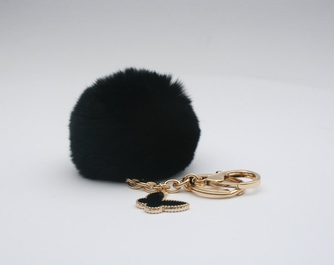 Butterfly Collection Black fur pom pom keychain REX Rabbit fur pom pom ball with butterfly charm