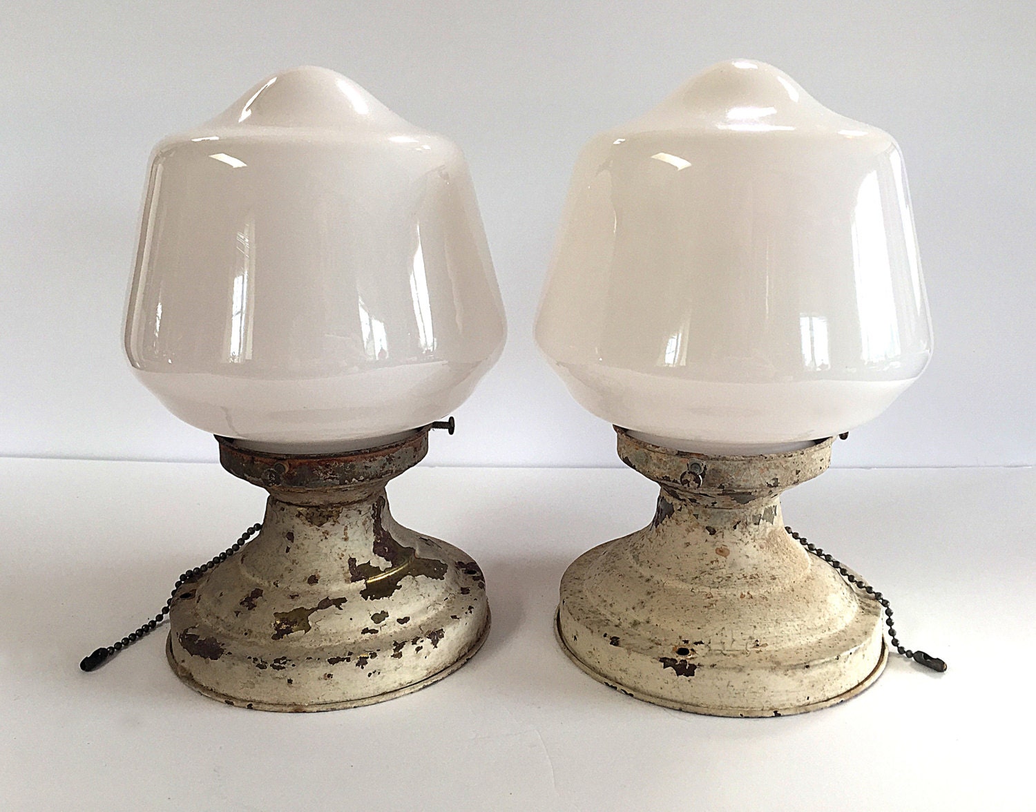 Pair of Antique Schoolhouse Lamp Light Fixtures Milk Glass