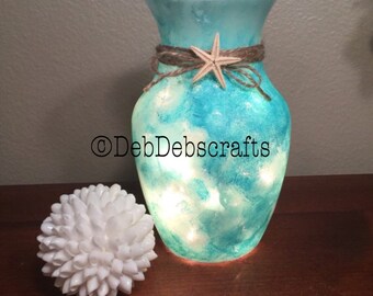 Sea glass beach vase Beach decor Lighted vase Table decor Beach wedding centerpiece Teal decor Beach theme decor