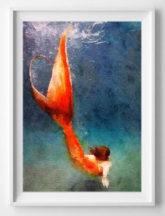 Mermaid art print Watercolor Painting Wall Art by HopSkipPaint