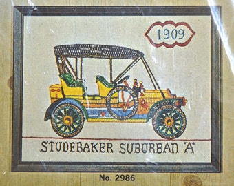 NOS Crewel Embroidery Kit- Creative Needlecraft Antique Automobile Needlepoint Kit with Fabric, Yarn, Etc., New in Package