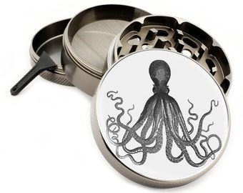 Octopus 4 Piece Zinc Titanium Premium Herb Grinder 2.5" Wide Nautical Vintage - U Pick Black - Blue - Pink or Gold Octopus Print Cute Kraken